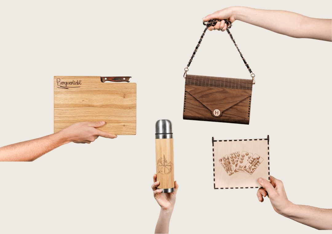 Produkte von WoodVibes: Bretter, Becher und Anhänger aus Holz mit Gravur